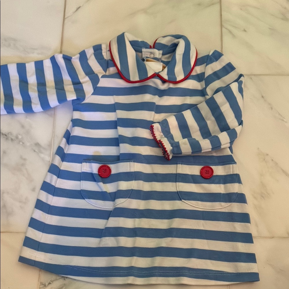 Blue and White Striped Dress with Red Buttons